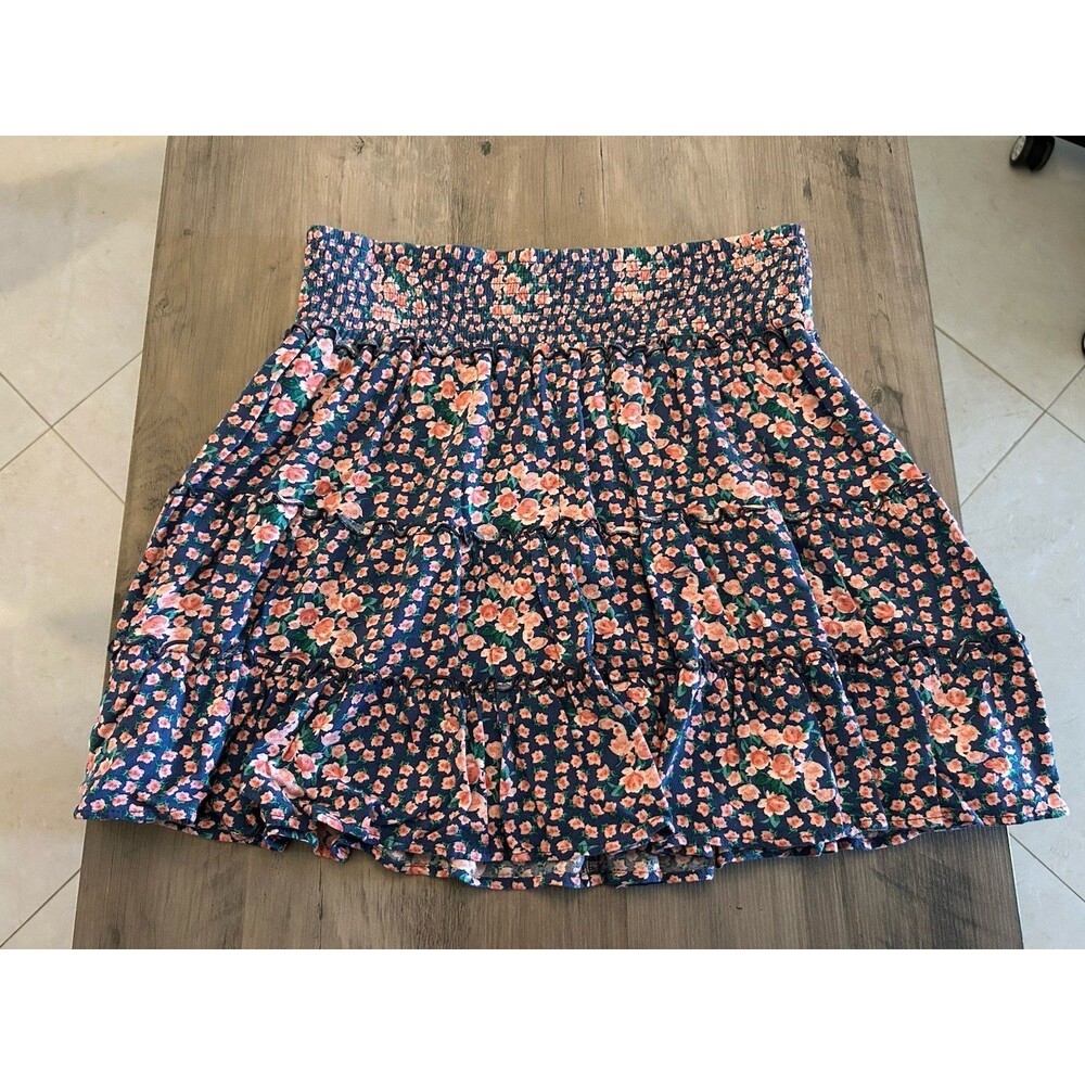 American Eagle Womens Skirt Blue Pink Floral Tiered Smocked Waist Size XL - Picture 2 of 7